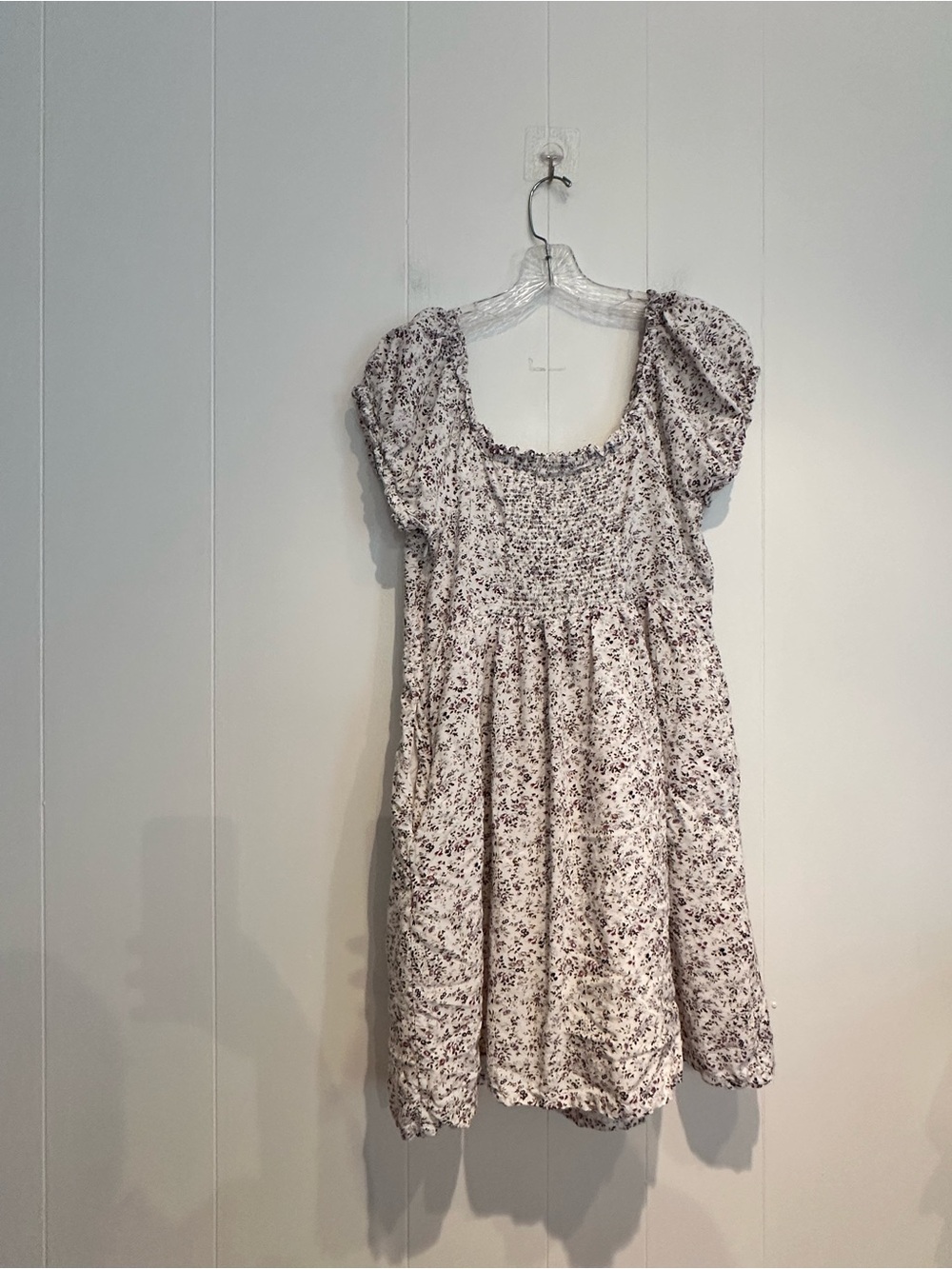 J.Crew Floral Puff Sleeve Smocked Mini Dress Ivory Purple Size 12 - Picture 3 of 11